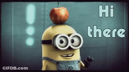Minion With Apple On Head Saying Hi There GIF