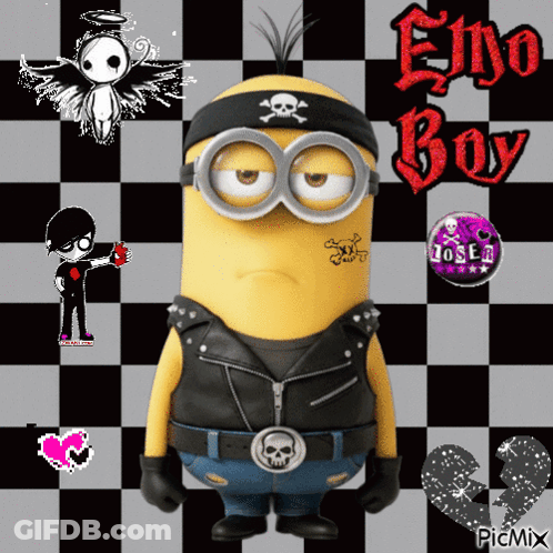 Minion With Emo Boy Text GIF