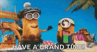 Minions At Beach Saying Have A Grand Time GIF