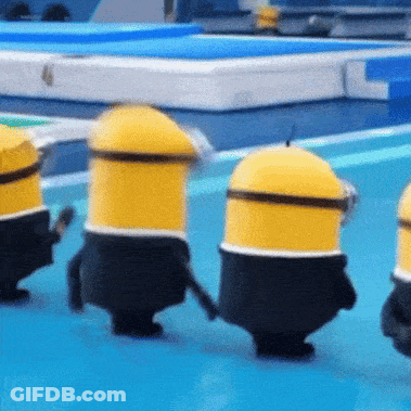 Minions Holding Hands Walking On Blue Surface GIF