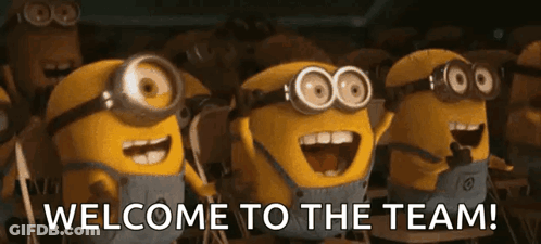 Minions Standing In Line Saying Welcome To The Team GIF