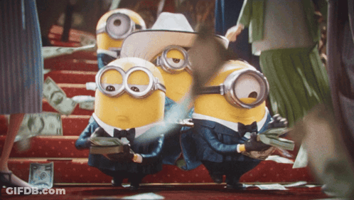 Minions Standing On Stairs Holding Money GIF
