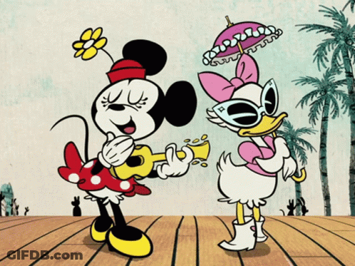 Minnie Mouse And Daisy Duck Are Standing On A Wooden Deck GIF