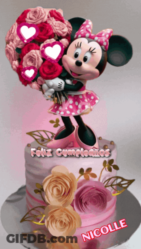 Minnie Mouse Holding Roses Cake GIF