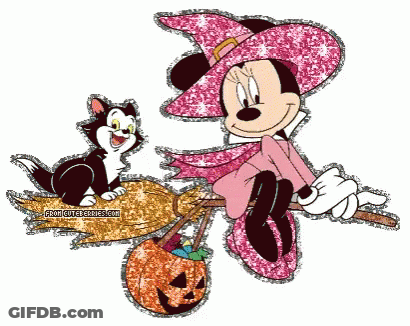 Minnie Mouse Is Flying On A Broom Next To A Cat GIF