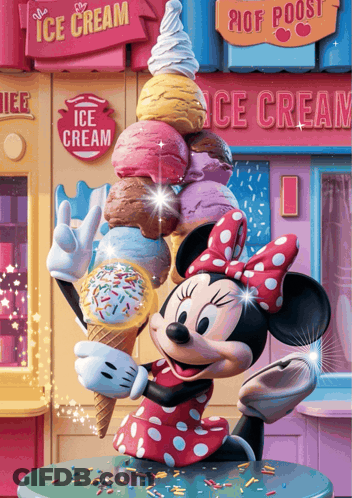 Minnie Mouse Is Holding A Stack Of Ice Cream Cones In Front Of An Ice Cream Shop GIF