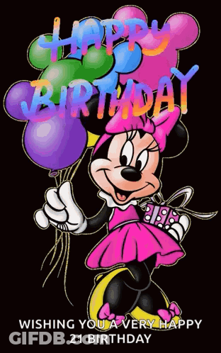 Minnie Mouse Is Holding Balloons And A Gift And Wishing You A Very Happy 21 Birthday GIF