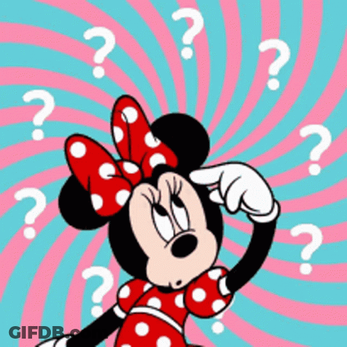 Minnie Mouse Is Scratching Her Head With A Question Mark Around Her Head GIF