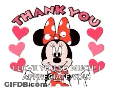 Minnie Mouse Is Surrounded By Hearts And Says `` Thank You I Love You So Much ! I Appreciate You ! '' GIF