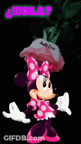 Minnie Mouse Surrounded By Pink Hearts Saying Hola GIF