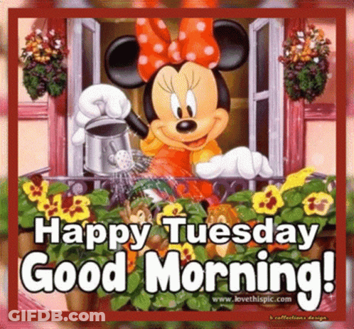 Minnie Mouse Watering Flowers On Balcony Happy Tuesday Good Morning GIF