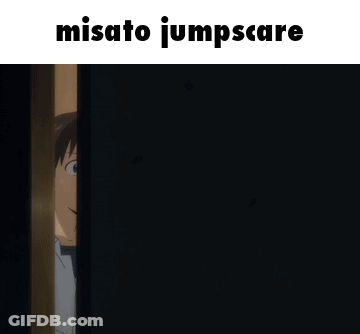 Misato Jumpscare Is Written Over A Picture Of A Person GIF