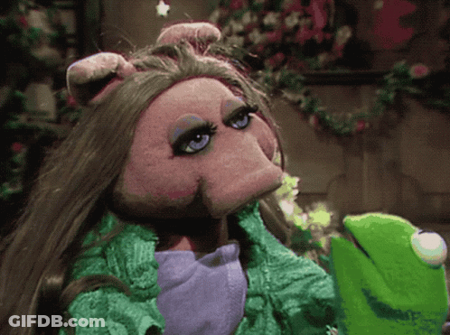 Miss Piggy And Kermit The Frog From Sesame Street Are Standing Next To Each Other GIF