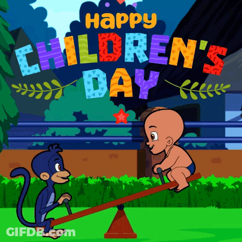 Monkey And Baby On Seesaw Happy Children's Day GIF