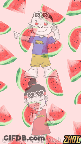 Monkey And Girl With Watermelons In Background GIF