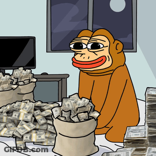 Monkey Beside Money Pile With Bag Saying 100 GIF