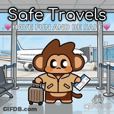 Monkey Carrying Suitcase And Ticket Saying Safe Travels GIF