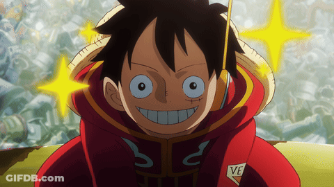 Monkey D Luffy From One Piece Is Wearing A Red Hoodie With Ve On The Sleeve GIF