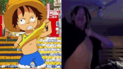 Monkey D Luffy From One Piece Standing Next To Man GIF