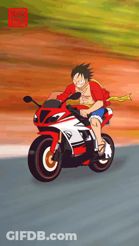 Monkey D Luffy Is Riding A Red And White Motorcycle On The Road GIF