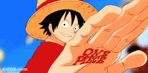 Monkey D Luffy Wearing Straw Hat With One Piece Written On Hand GIF