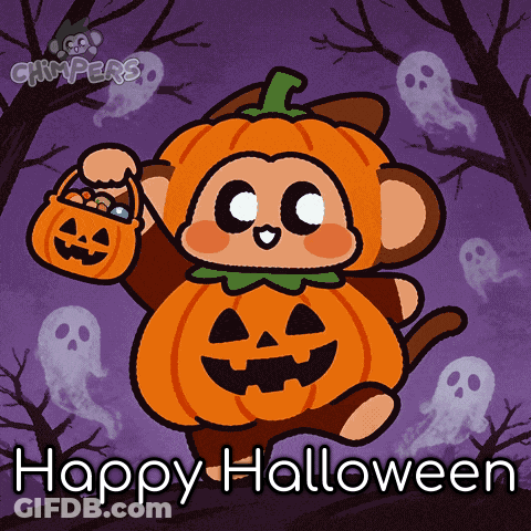 Monkey Dressed As Pumpkin Holding Trick-Or-Treat Bucket GIF