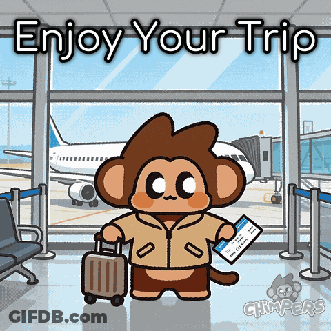 Monkey Holding Suitcase And Ticket Saying Enjoy Your Trip GIF