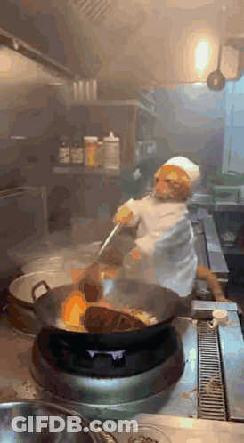 Monkey In Chef Hat Stirring Frying Pan GIF