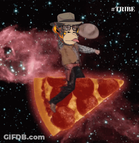 Monkey In Cowboy Hat Riding Pizza Slice In Space GIF