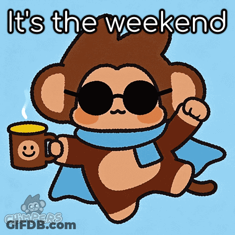 Monkey In Sunglasses And Scarf Holding Coffee Saying It's The Weekend GIF