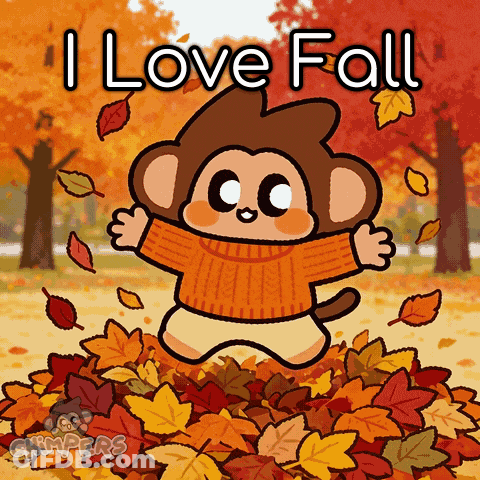 Monkey Jumping In Leaves Saying I Love Fall GIF