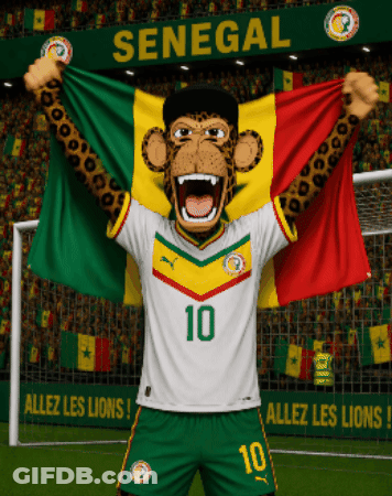 Monkey Mascot Holding Senegal Flag In Front Of Senegal Banner GIF