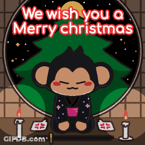 Monkey Sitting By Christmas Tree We Wish You A Merry Christmas GIF