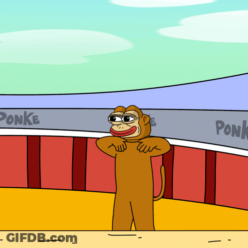 Monkey Standing In Front Of Sign Saying Ponke GIF