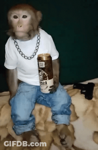 Monkey White Shirt Blue Jeans Holding Hazelnut Coffee GIF