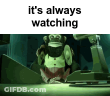 Monkey With Beard In Front Of Machine Saying It's Always Watching GIF