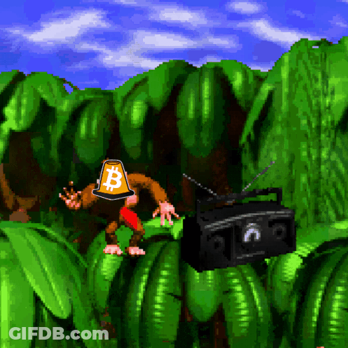 Monkey With Bitcoin Hat Next To Boombox GIF