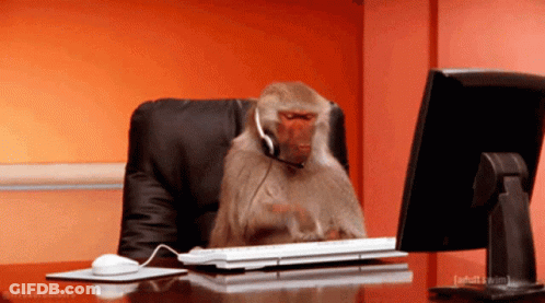 Monkey With Headset At Computer Desk GIF