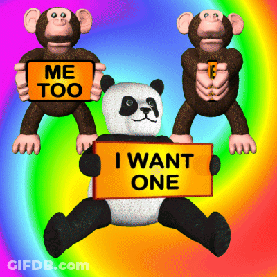 Monkeys And Panda Holding Signs Saying Me Too And I Want One GIF