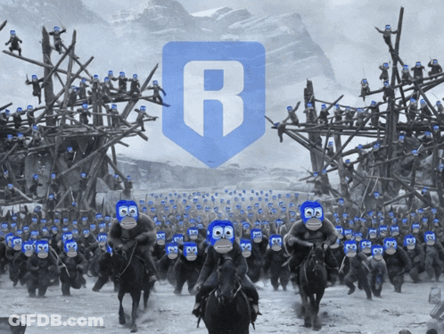 Monkeys Riding Horses In Front Of Shield With Letter B GIF