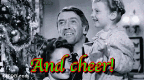 Monochrome Man Holding Girl Red And Cheer Text GIF