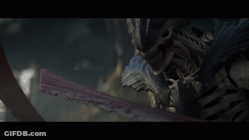 Monster Holding Red Sword In Front Of Building Saying A GIF