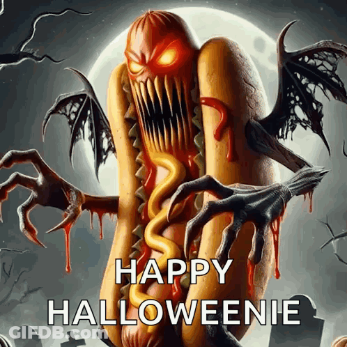 Monster Hot Dog Saying Happy Halloweenie GIF