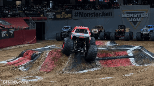 Monster Jam Sign Behind Monster Trucks On Dirt Track GIF