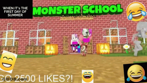 Monster School Advertisement With Brick Building And Smiley Faces GIF