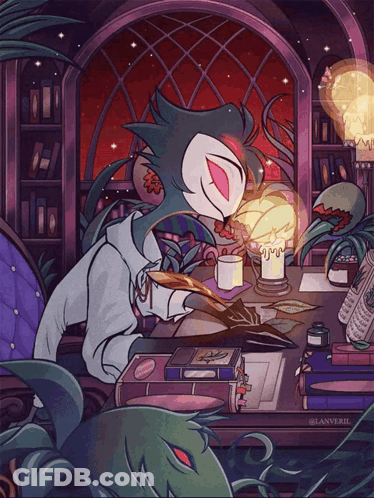 Monster Sitting At Table With Candle And Book By Lanverii GIF