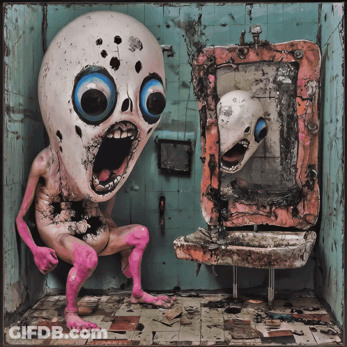 Monster Sitting In Front Of Sink With Mouth Open GIF