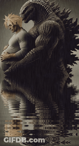Monster Statue Holding Pregnant Woman's Belly GIF