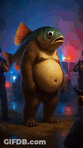 Monster With Fish Head And Party Hat GIF