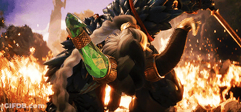 Monster With Horns Holding Green Object In Front Of Flames GIF
